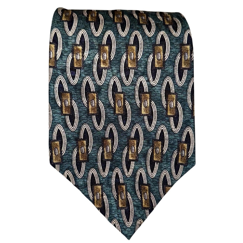 Vtg Countess Mara Mens Tie Silk Blue/Green Geometric 3.75x59” USA